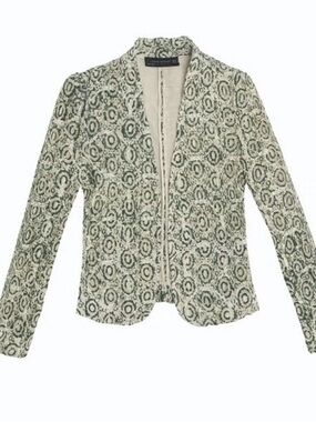 Zara Woman Embroidered Lace Open Front Blazer Jacket Green Cream S